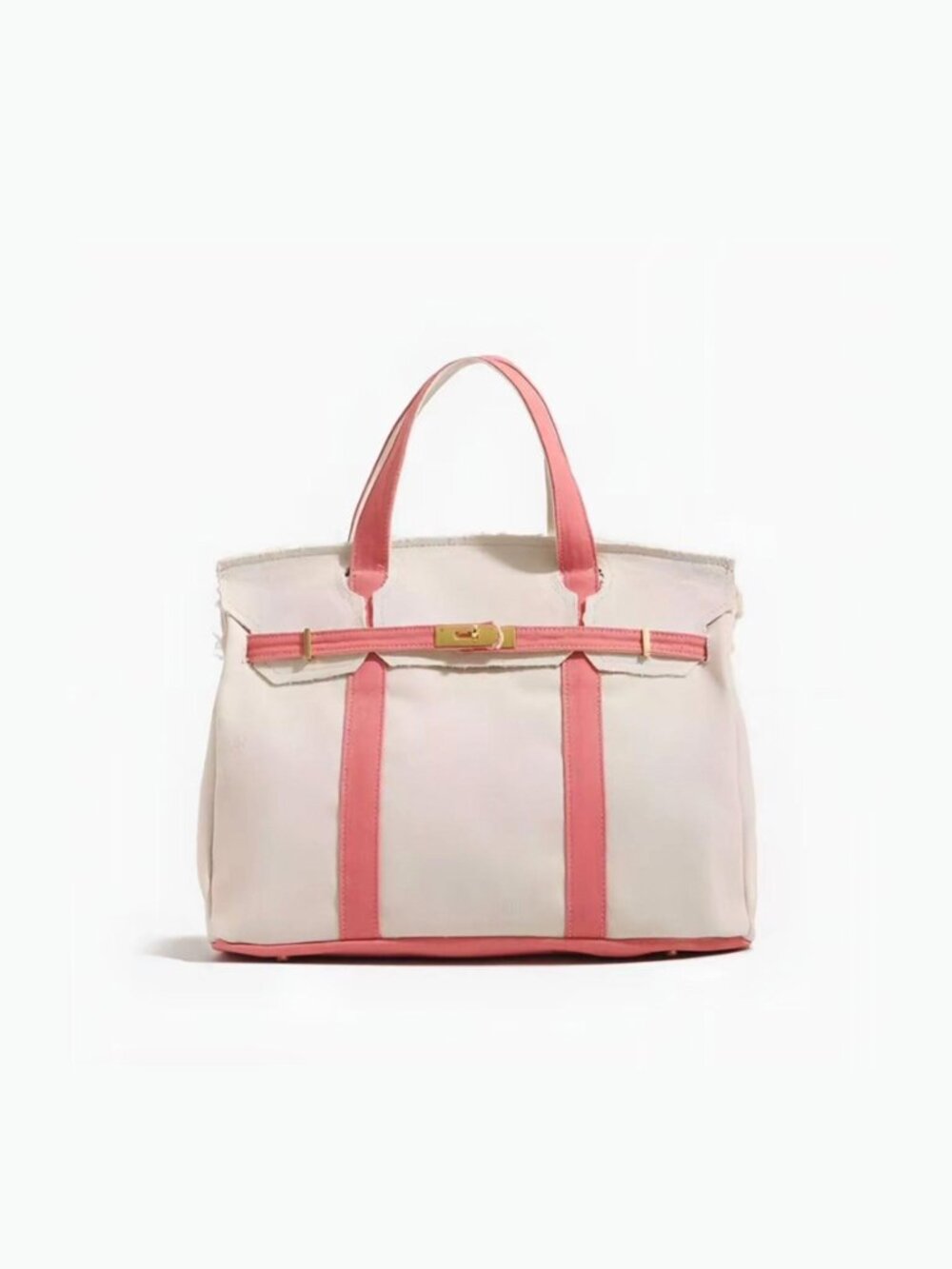 The Boatkin Canvas Tote Bag – Spacious Everyday Bag Beige & Pink w/ Gold Buckle